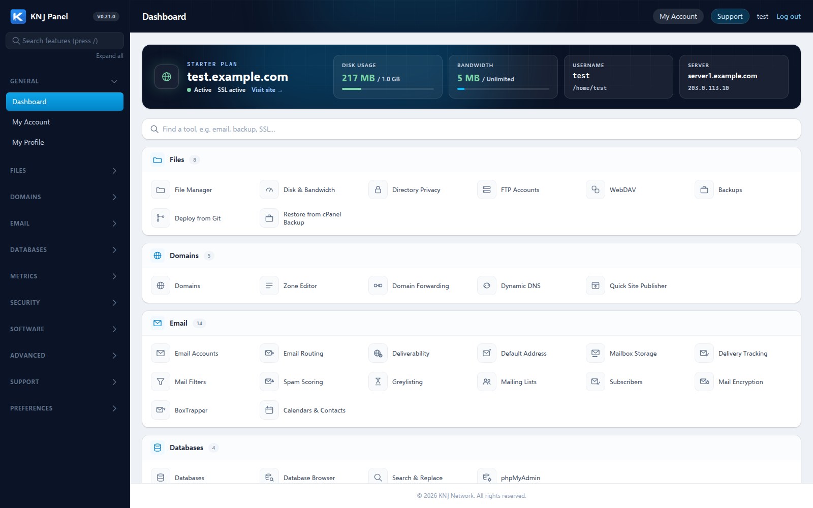 KNJ Panel customer dashboard with plan, usage and a searchable grid of tools